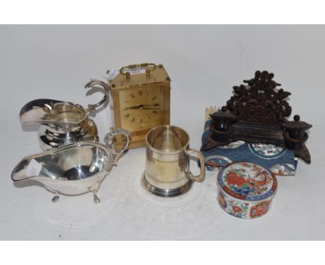 BRASS CARRIAGE CLOCK, TWO GEORGIAN STYLE SAUCEBOATS PLATED