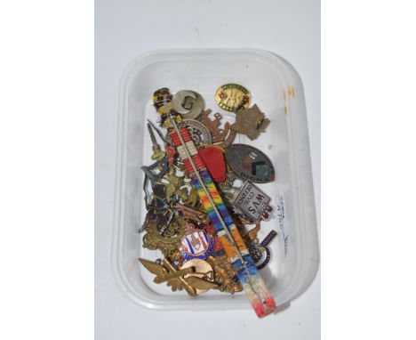 SMALL PLASTIC TRAY CONTAINING ENAMEL BADGES