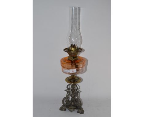 OIL LAMP WITH AMBER GLASS RESERVOIR AND GLASS CHIMNEY