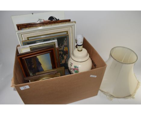 BOX CONTAINING PICTURES, SOME PRINTS, EMBROIDERY AND TABLE LAMP AND SHADE