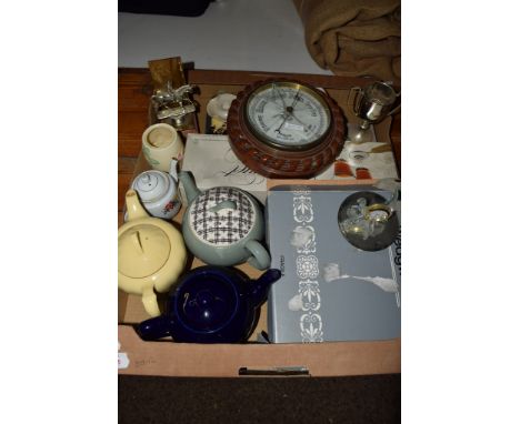 TRAY CONTAINING CERAMIC TEA POTS, A BAROMETER IN WOODEN FRAME, A HORSE SHOW AWARD ETC