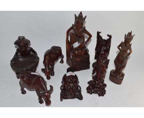 ORIENTAL ITEMS, CARVED WOODEN MODEL OF A FACE, WOODEN MODELS OF BUFFALO ETC