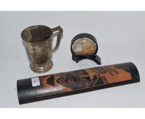 WOODEN CARVINGS, PLATED MUG AND SMALL ORIENTAL MODEL OF A PAGODA