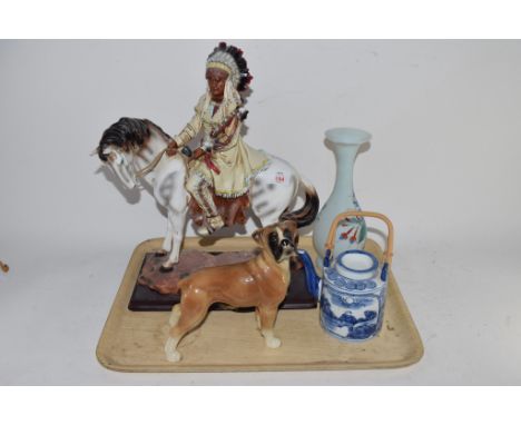 LARGE CERAMIC MODEL OF A NATIVE AMERICAN FROM THE ACADEMY COLLECTION, TOGETHER WITH POTTERY MODEL OF A DOG AND OTHER ITEMS