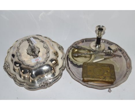 PLATED SERVING DISH AND COVER, TOGETHER WITH TRAY COMPRISING NUMBER OF PLATED ITEMS AND TWO BUTTON HOOKS WITH SILVER HANDLES,