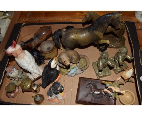 TRAY CONTAINING CERAMIC AND METAL ITEMS, MAINLY HORSES, INCLUDING BESWICK MODEL OF HORSES AND POTTERY MODELS OF DUCKS ETC