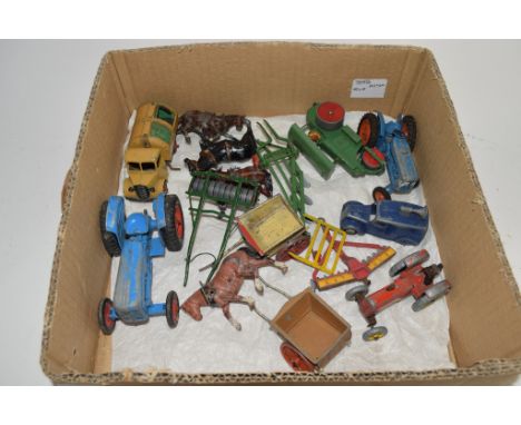 BOX CONTAINING OLD METAL TOYS INCLUDING TRACTORS AND DINKY BEDFORD LORRY
