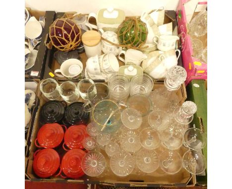 Two boxes of miscellaneous glassware and ceramics to include Le Creuset serving bowls, cut glass wine glasses, decanters, a p