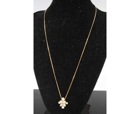 A yellow metal, opal and diamond point set flowerhead pendant, 22x18mm, on 9ct gold finelink neck chain, gross weight 5.3g