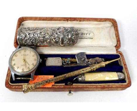Mixed lot to include 1950s steel cased manual wind wristwatch (lacking bracelet), pair of silver cufflinks, scent bottle case