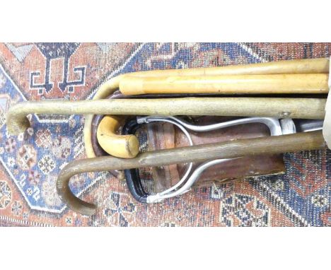 A collection of walking sticks together with a shooting stick