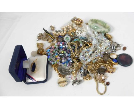 A collection of costume jewellery, to include ear clips, simulated pearl necklace, and a hardstone bangle 