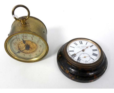 A Victorian tortoise shell mounted bedside clock, JC Vickery, of Regent Street, London, dia. 7.5cm (a/f), together with one o