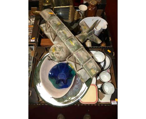 Two boxes of various miscellaneous items to include a part Poole Pottery tea service, a scratch built metal model of a WWI bi