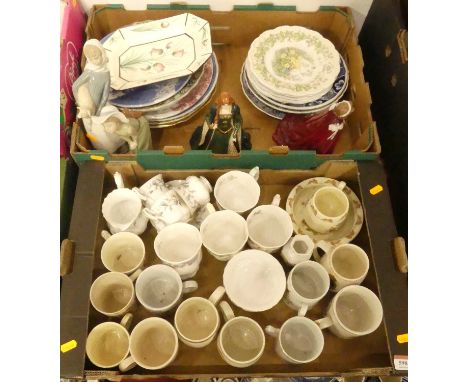 Two boxes of ceramic mugs, various figurines, to include Royal Worcester Celebration of the Queen's 80th Birthday, Lladro, an