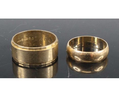 A 9ct gold wide wedding band, size O/P; together with a smaller example, size K/L, gross weight 7.9g (2)