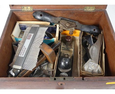 A collection of miscellaneous tools, to include planes, housed in mahogany work box 