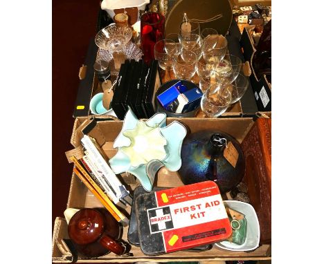 Two boxes of miscellaneous items to include wine glasses, 1950s first aid kits, various handkerchief vases, pictures etc