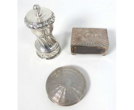 An early 20th century silver-clad pepper grinder, William Hutton &amp; Sons Ltd, date marks rubbed, h.10cm; together with a s