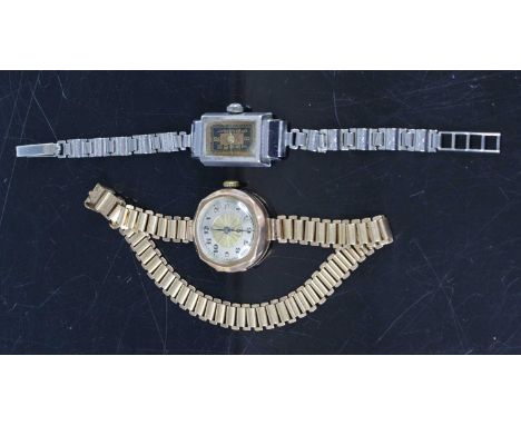 A vintage lady's 9ct gold manual wind wristwatch on gilt metal bracelet, together with an Art Deco lady's steel cased tank wa