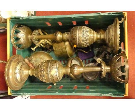 A collection of brass items to inlcude Asian style lamps, scales, spirit kettle etc