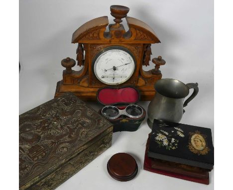 A collection of miscellaneous items, to include a mantel barometer, Chinese metal bound trunk, Victorian cigarette case, pewt
