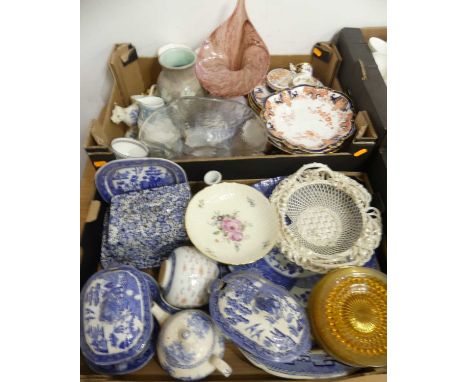Two boxes of various ceramics and glassware to include amber glass serving dishes, a Copenhagen serving dish, various blue &a