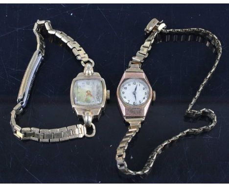 A vintage lady's 9ct gold cased manual wind wristwatch, on gilt metal bracelet; together with another similar example