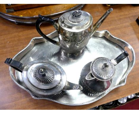 A silver plated tray, of shaped oval outline, having a raised pierced gallery, w.46cm; together with a silver plated teapot, 