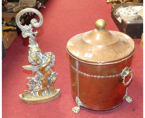 A Victorian copper and brass mounted coal bucket, having a domed cover surmounted by a ball finial, flanked by twin handles, 