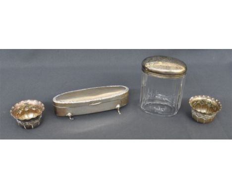 ANTIQUE STERLING SILVER ITEMS to include an oblong patch box on trefoil pad feet with parcel gilt interior, hallmarked Birmin