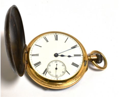 18CT GOLD HUNTER POCKET WATCH 47.0mm diameter, manual wind, white enamel dial with seconds sub dial, movement engraved Goldsm