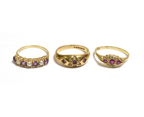 THREE 9CT GOLD GEM SET RINGS To include; a navette shaped cluster set with round rubies and single cut diamonds (shank slight