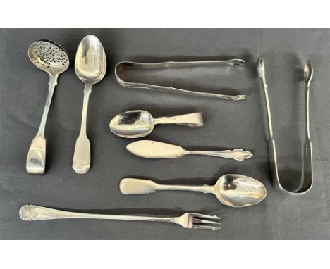 ANTIQUE SILVER TONGS &amp; SPOONS including two sugar tongs, one Georgian &amp; decorated with bright cut engraving, two fidd