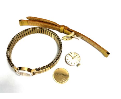 LADIES 9CT GOLD OMEGA WATCH 17.3mm round case, stamped 9.375 manual wind, champagne coloured dial, gold batons and hands.  In