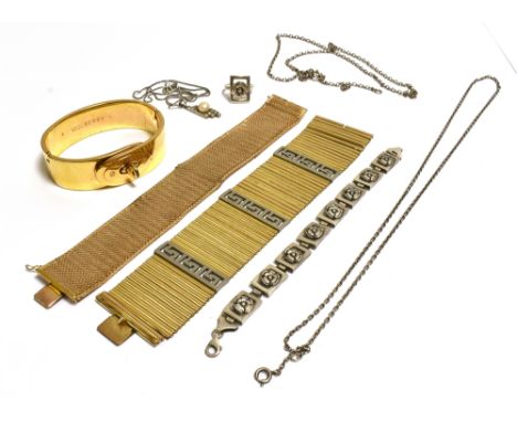 ROLLED GOLD BRACELETS &amp; MULBERRY BANGLE To include a 29.5mm wide woven mesh link bracelet, stamped 'CT 18 750', a 40.2mm 