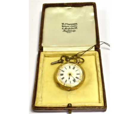 ANTIQUE 9CT GOLD OPEN FACE POCKET WATCH 36.1mm diameter, decorated with bi-colour gold work to dial, finely chased back cover