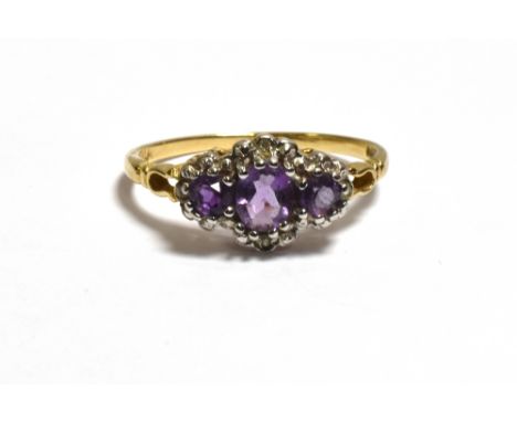 AMETHYST &amp; DIAMOND DRESS RING oval and round cut amethyst stones with single cut diamonds, ring size P.  Hallmarked Birmi