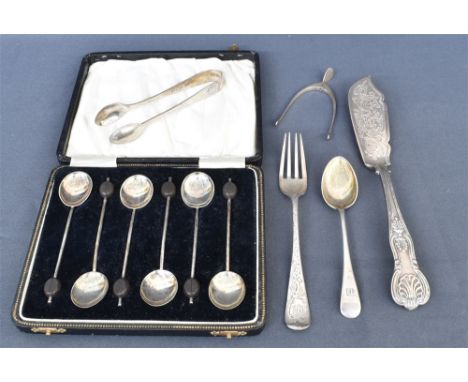ANTIQUE STERLING SILVER FLATWARE including sugar tongs, teaspoon, engraved cake fork, Victorian Kings pattern fish slice, hal