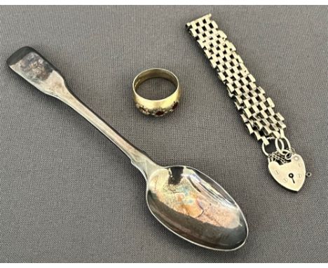 GEORGIAN SILVER SPOON &amp; JEWELLERY To include; a 16cm long x 12.9mm wide block work link gate bracelet with heart shaped p
