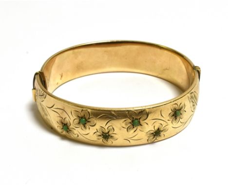 VINTAGE ROLLED GOLD &amp; TURQUOISE BANGLE 15.7mm wide, floral engraved front set with turquoise cabochons, plain back with  