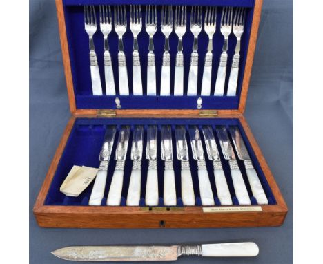 SILVER PLATED TEA KNIVES &amp; FORKS a part service with mother of pearl handles, intricately engraved with shell and scroll 