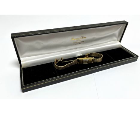 14CT GOLD CAZAL LADIES COCKTAIL WATCH 22.6mm long x 10.0mm wide rectangular case with linen textured effect decoration, back 