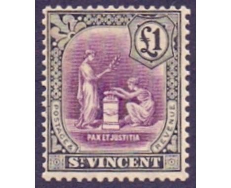 STAMPS : ST VINCENT : 1928 £1 Mauve and Black mounted mint , light gum toning SG 141