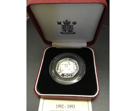 COINS : 1992-93 50p Silver proof Piedfort, scarce UK Presidency of EU, scarce item