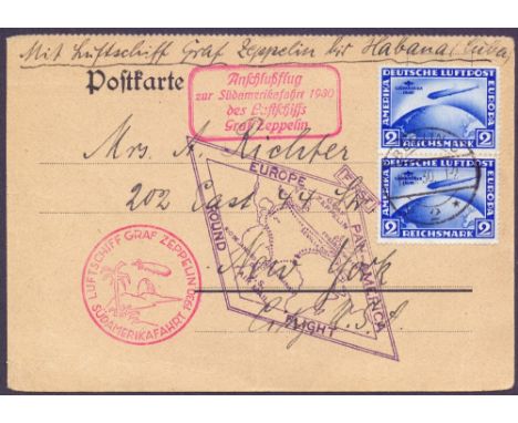 AIRMAIL COVER : GERMANY, 1930 Graf Zeppelin South America Flight. Card franked with vertical pair of "Sudamerika Fahrt" 2 RM 