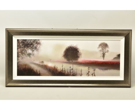 JOHN WATERHOUSE (BRITISH 1967) 'A TIME TO TAKE IT EASY', a signed limited edition print depicting mist over a canal, 105/195 