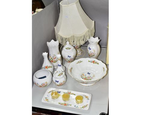 A GROUP OF AYNSLEY COTTAGE GARDEN GIFTWARES, comprising a table lamp: height to top of fitting 28cm, four vases tallest appro