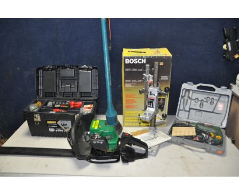 A BOSCH CSB470-RLE DRILL in original case with some drill bits (PAT pass and working) along with a Bosch S7 drill press stand