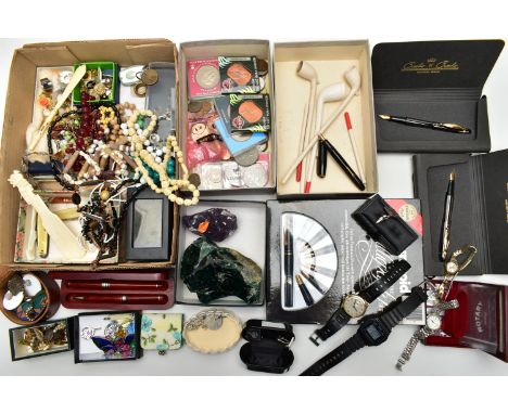 A BOX OF ASSORTED ITEMS, to include various cufflinks, brooches, fruit knives, a ladies 'Rotary' quartz wristwatch, a ladies 